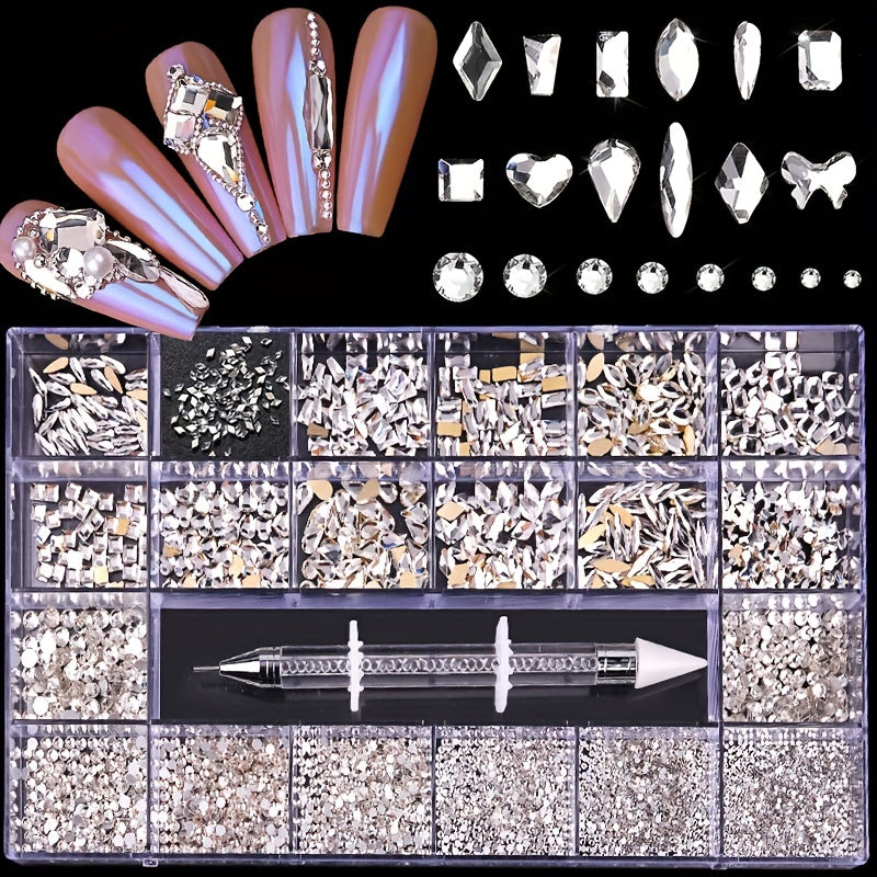 Nail Rhinestones Kit, Nail Art Decorations Flat AB Rhinestones Kit DIY Crafts Gemstones for Nail, Shoes, Clothes, Jewels (600 Clear Diamonds + 2500 Flat Rhinestones)